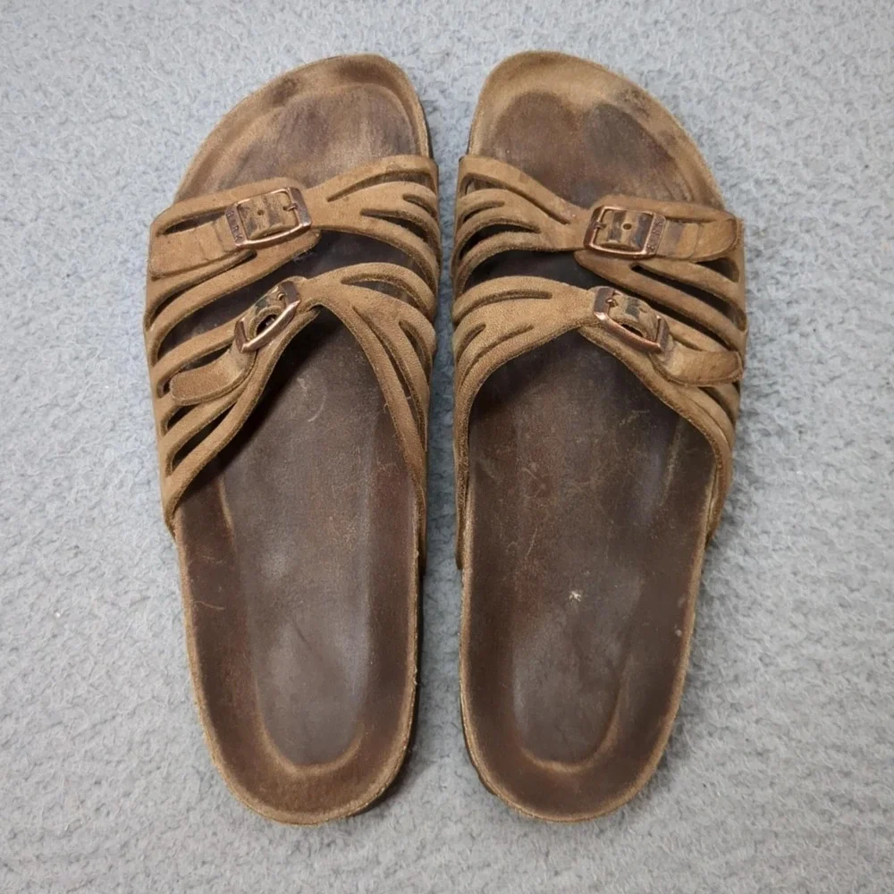 Birkenstock Sandals Womens Size 8 Brown Suede Slide Comfort Strappy Footbed